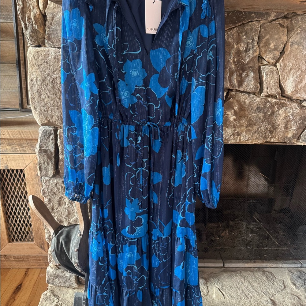 Sugarlips Navy and Blue Floral Long Sleeve Dress